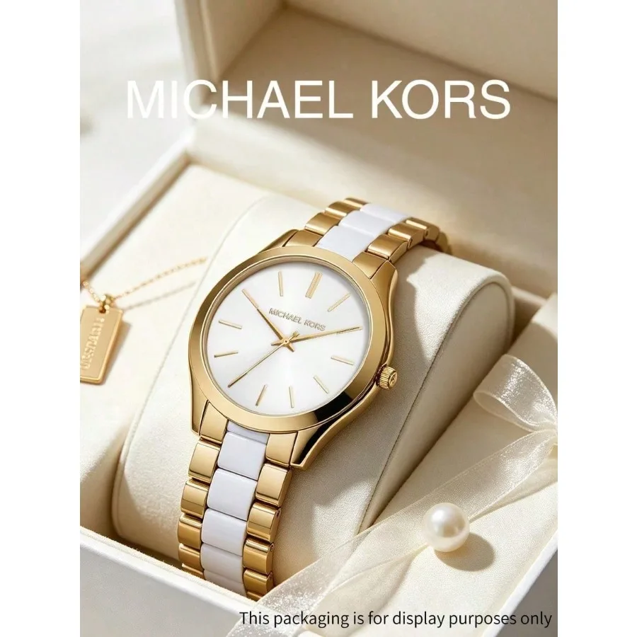 Michael Kors Women Quartz Watch Gold & White Two-tone Bracelet White Sunburst Dial Slim Elegant Ladies Wristwatch Gift