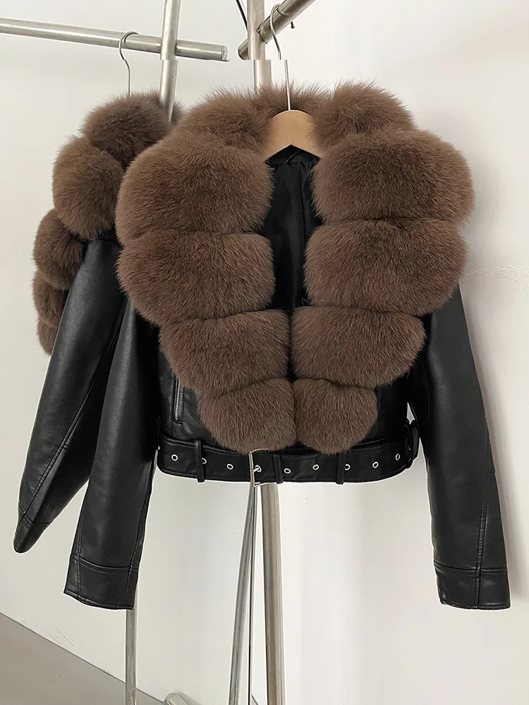 Elegant Faux Leather Jacket Female New Natural Fox Fur Autumn Short Top Clothing PU Women Long Sleeve Fake Leather Real Fur Coat