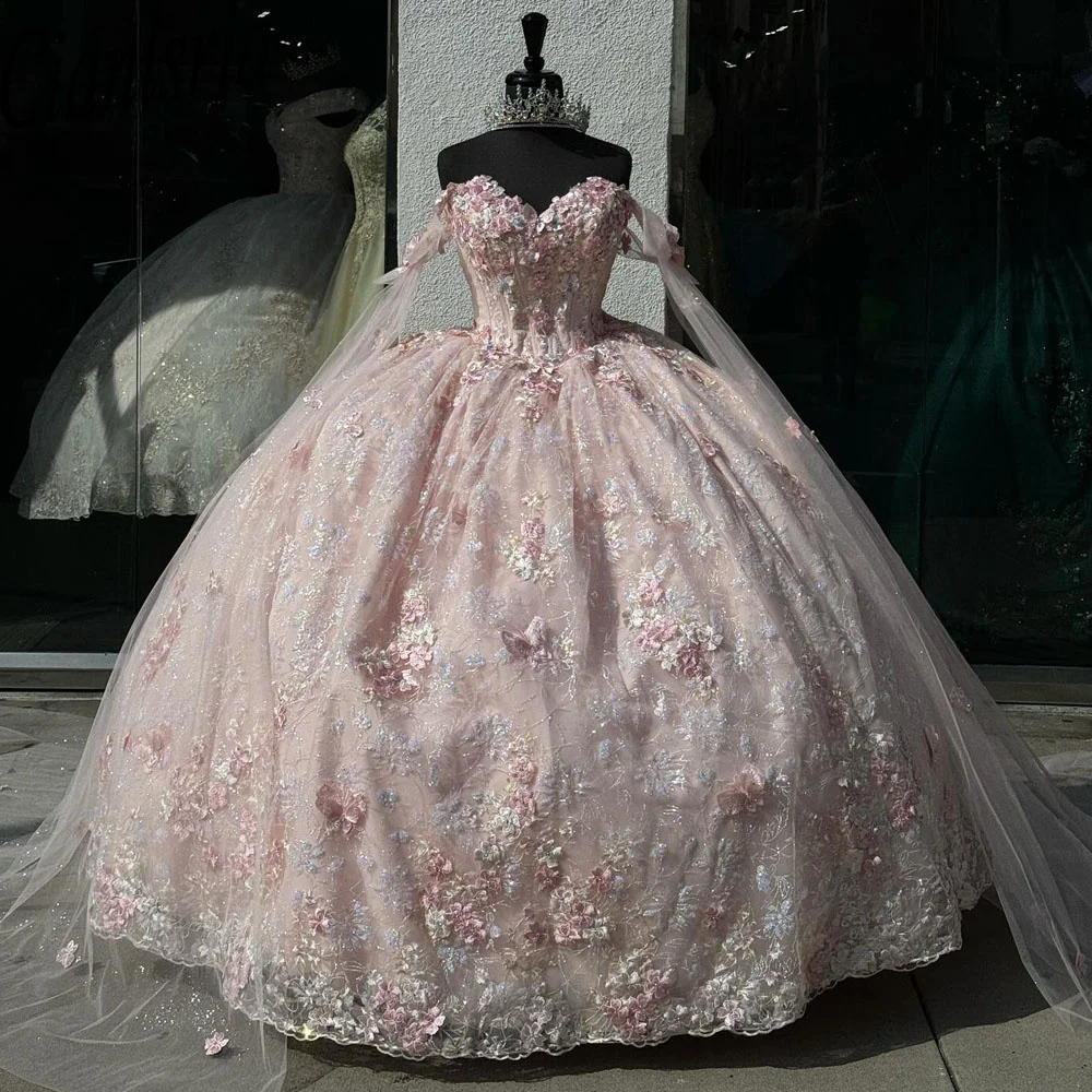 Luxury Pink Mexican Quinceanera Dressess with Cape Applique vestido 15 quinceañeras Corset Prom Lace Up