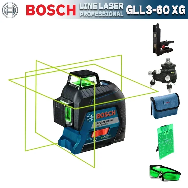 Poziomica laserowa BOSCH 12-liniowa zielona Poziomica 3D Samopoziomująca 360°° Krzyżak poziomy i pionowy Super mocne narzędzie pomiarowe GLL3-60XG