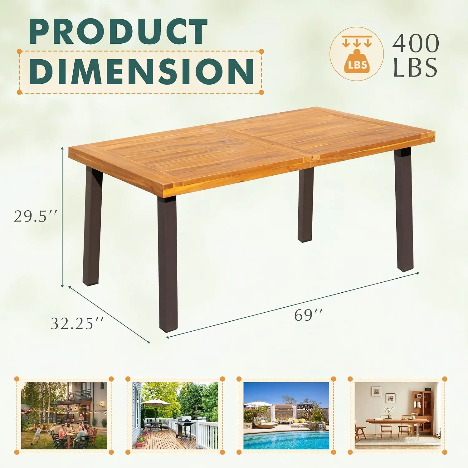 Outdoor Acacia Wood Dining Table for 6, Natural