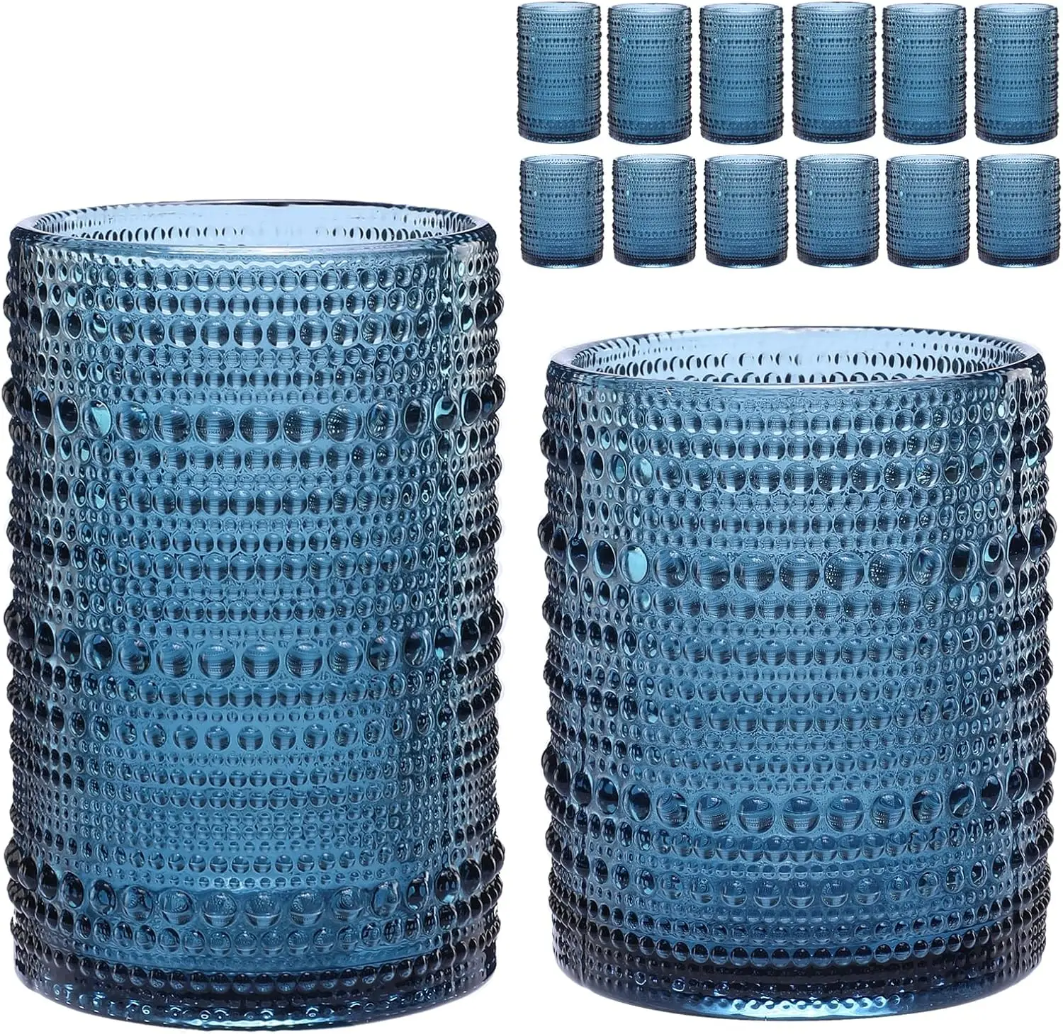 Vintage Glassware Drinking Glasses Set of 12,Blue 12oz & 15oz Hobnail Glass Cups,Embossed Water Tumbler,for Beer,Cocktail