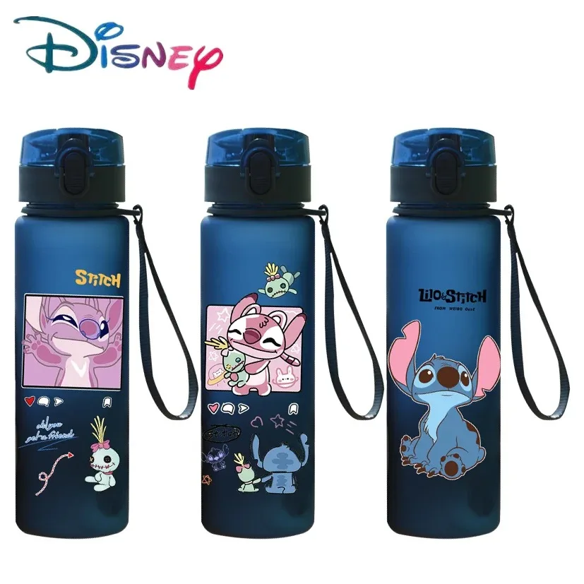 560ML Stitch Angel Cartoon Water Cup Gray Blue Portable Plastic Large Capacity Cartoon Figures Clear Cup Outdoor Sports Water Bo