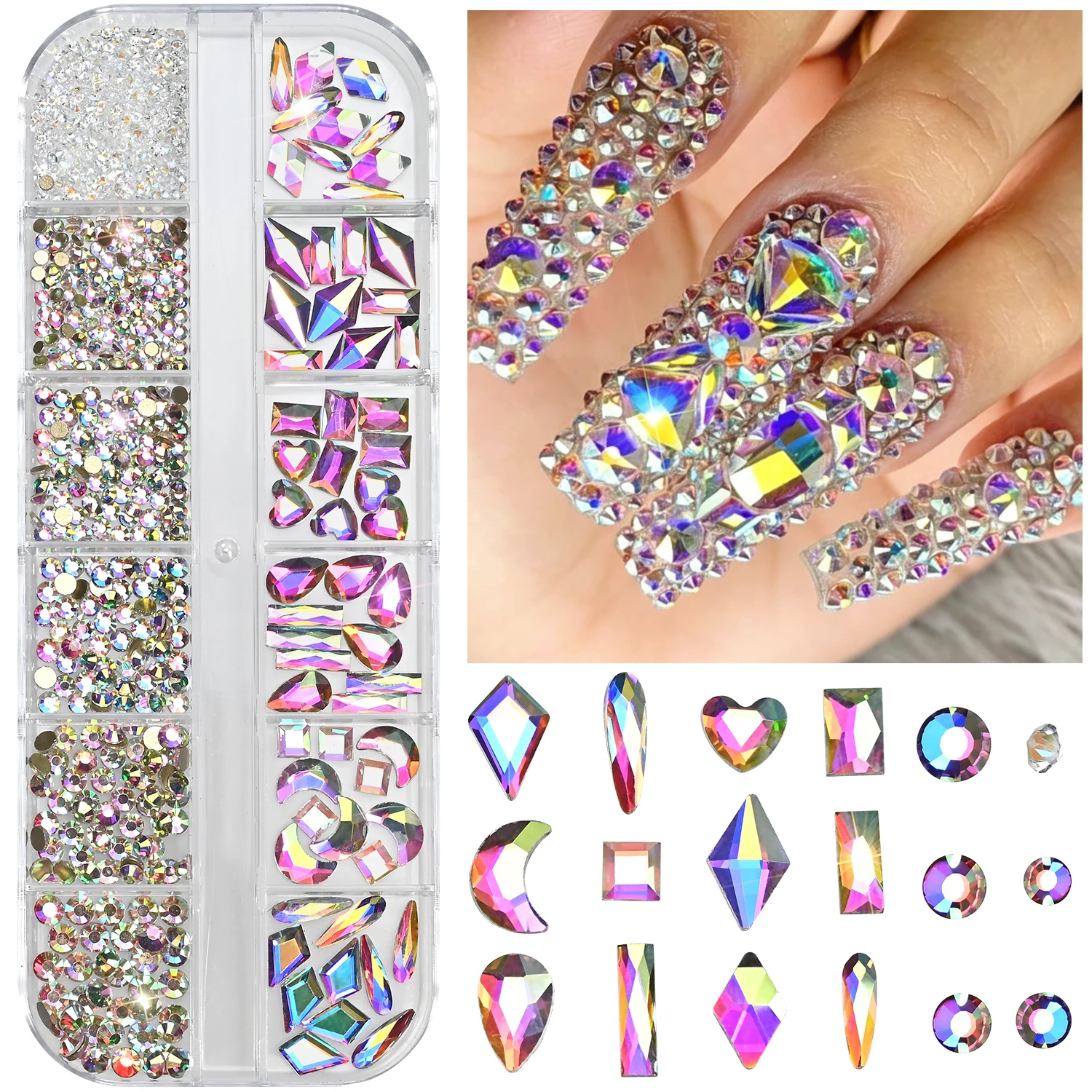 12 Grids AB Crystal Nail Art Rhinestones Mixed Shape 3D Flatback Gem Nail Charms Sparkly Glass Diamond DlY Nail Art Decorations