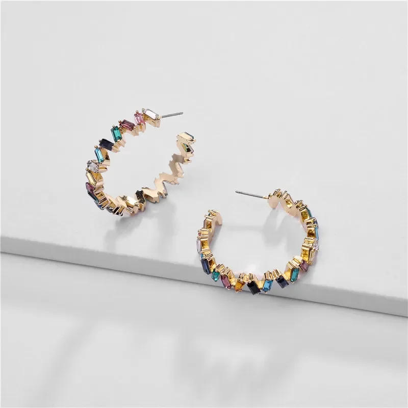 2023 New Niche Geometric C-Shape Colorful Crystal Hoop Earring For Women Earrings Statement Custom Jewelry