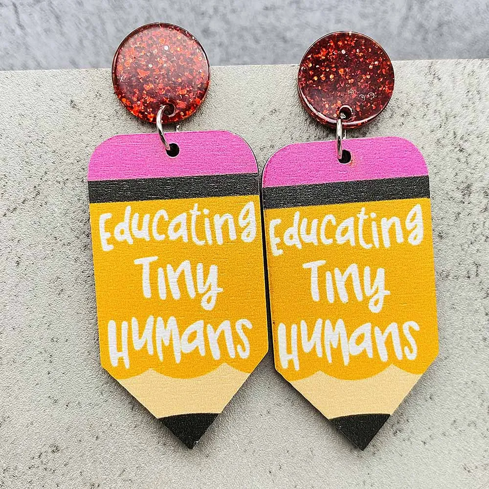 New Wooden Teacher Student Earrings Rainbow Apple Book Leopard Pattern Earrings for Women Jewelry Gifts