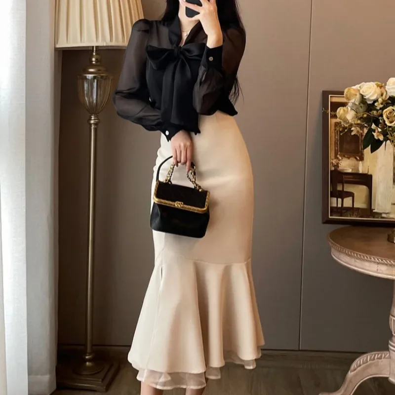 Maxi Sexy Women\'s Two Piece Set Party Black Long Sleeve Skirt Female Outfits Slit Vintage Clothing New Arrivals in The Same Full