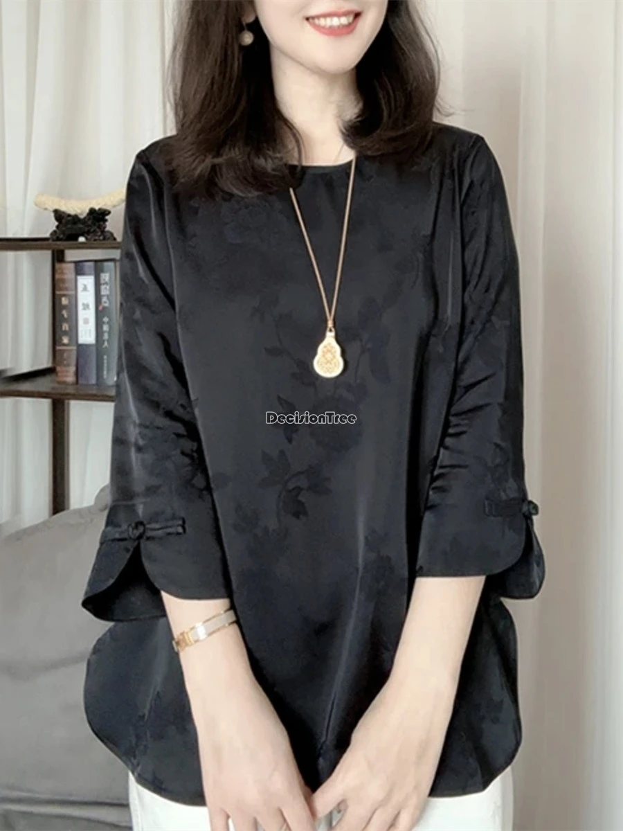 بلوزة جديدة من قماش الجاكار بتصميم كلاسيكي صيني جديد لعام 2025 بنصف كم وياقة مستديرة وفضفاضة وأنيقة للنساء بلوزة بدلة تانغ يومية للصيف t001