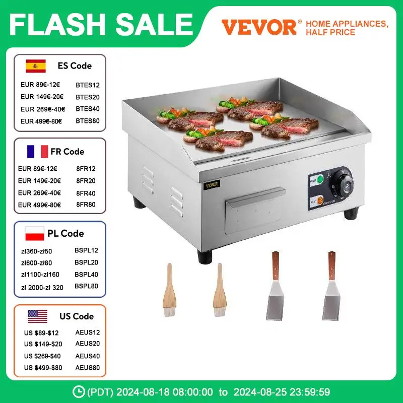 VEVOR-شواية كونترتوب كهربائية تجارية ، مطعم غير لاصق ، شواية علوية من Teppanyaki ، ستانلس ستيل ، درجة حرارة قابلة للتعديل