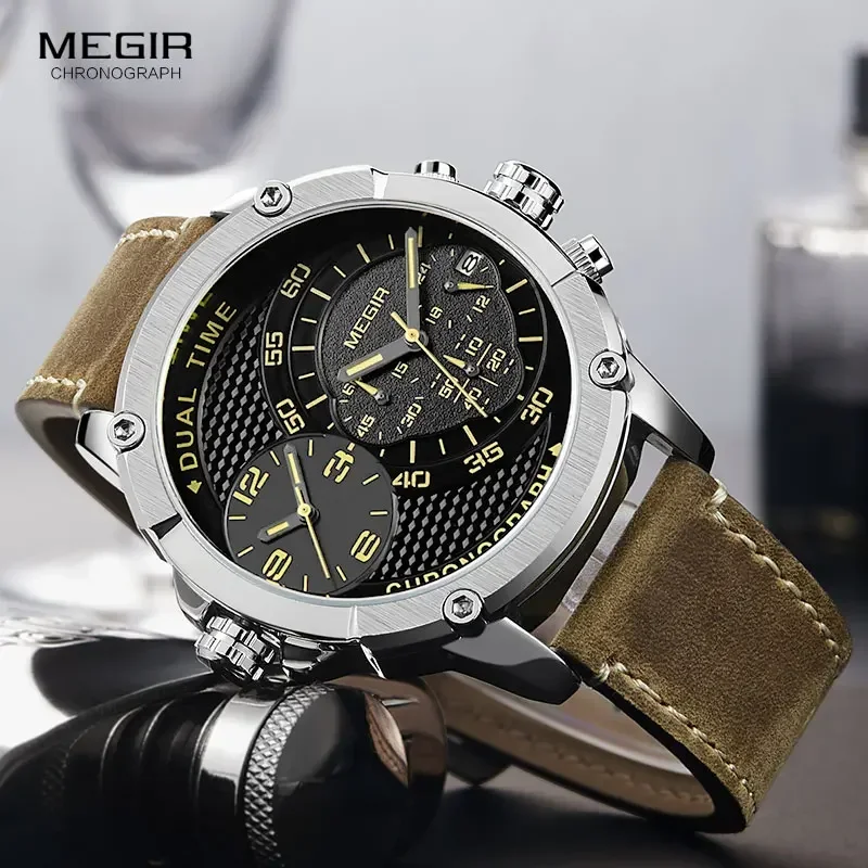 MEGIR Men's Leather Strap Sports Chronograph Quartz Watches Fashion Double Time Zone Army Waterproof Wristwtach for Man 2093GBN