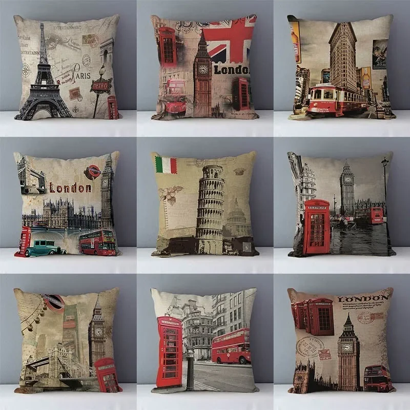Retro cozy couch cushion cover home decorative pillows London Paris scenic printed square 45x45cm pillowcase seat back cushions
