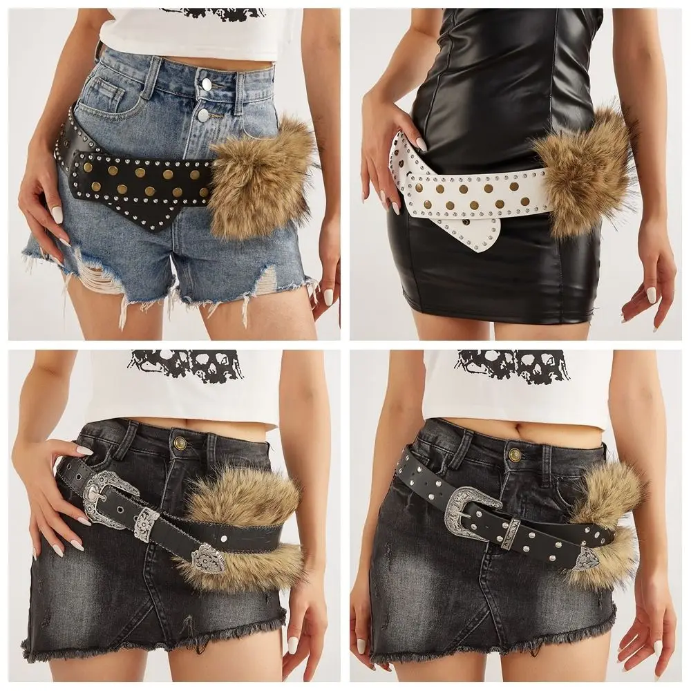 Vintage Retro Leather Fur Belt Wide Rivet Punk Style Belt Western Style Y2K Waistband Pants Accessories