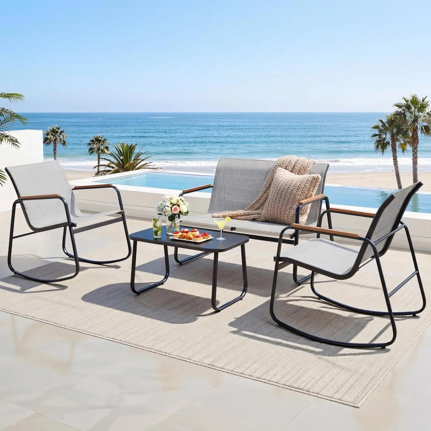 4 Piece Gray Textilene Patio Furniture Set Wooden Armrest Rocking Loveseat With Tempered Glass Table For Indoor Outdoor Lawn Garden Poolside