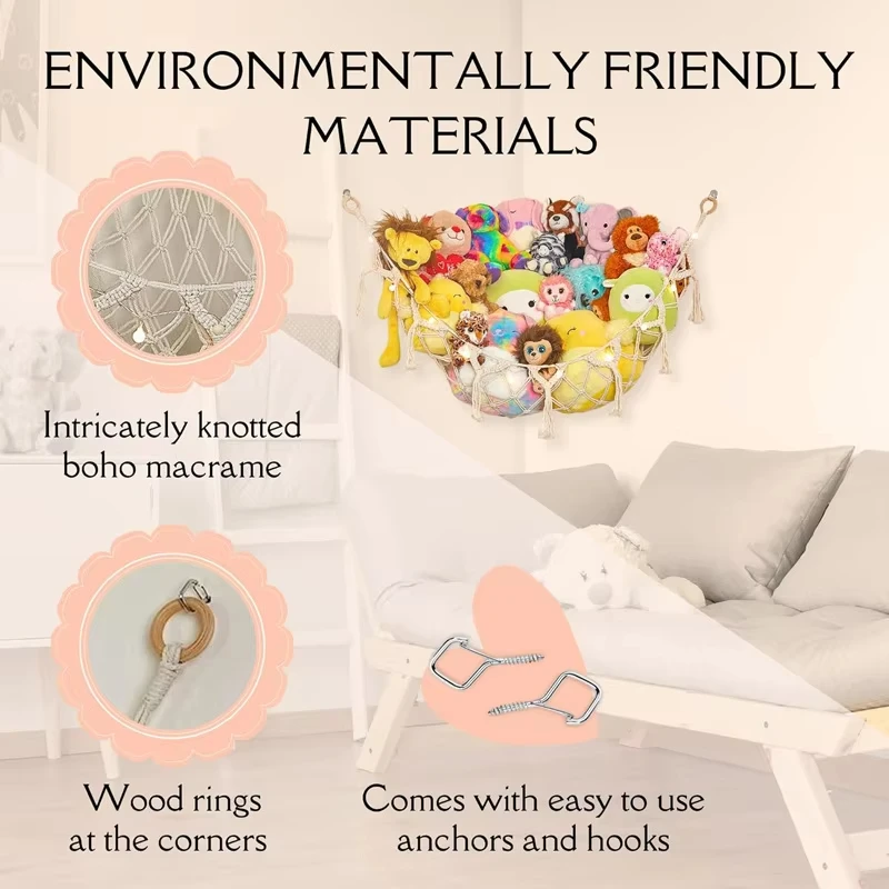 شبكة تخزين ألعاب الزاوية المثلثة - أرجوحة حبل منسوجة يدويًا للحيوانات المحشوة وديكور جدار غرفة النوم ومنظم موفر للمساحة