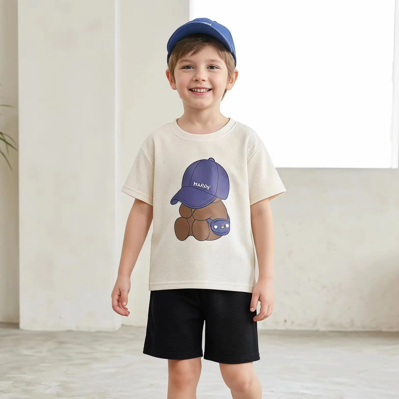 2026 Summer Kids Thin Outfit Girls Boys Cute Bear Print T-Shirt+Solid Color Shorts 2Pcs Clothing Loose Soft Children Set