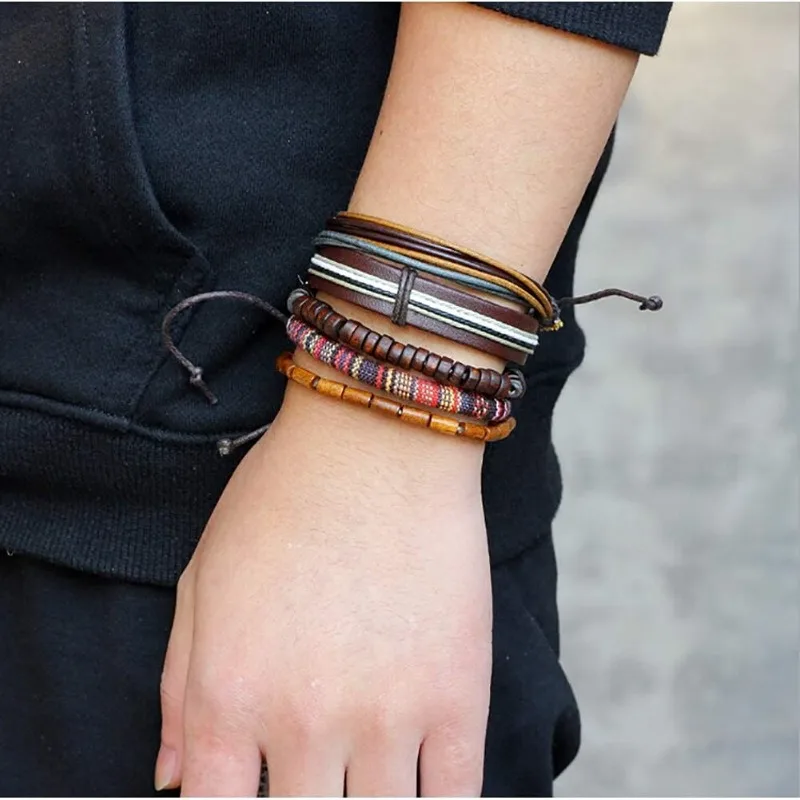 5 Pcs/set Handmade Weave Charm Wrap Men Bracelet Femme Homme Male Jewellery Pulseras Beads Leather Bracelets for Women Bangles