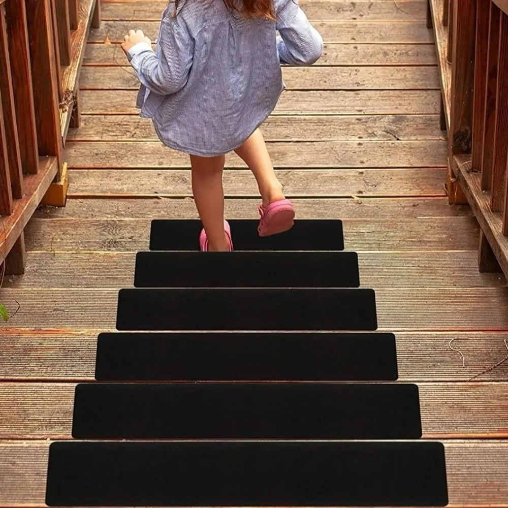 6Pcs Black Frosted Self‑Adhesive Stair Tread Mat Pre-Cut Self-Stick Stair Grip Tape Strips Waterproof Wear-Resistant