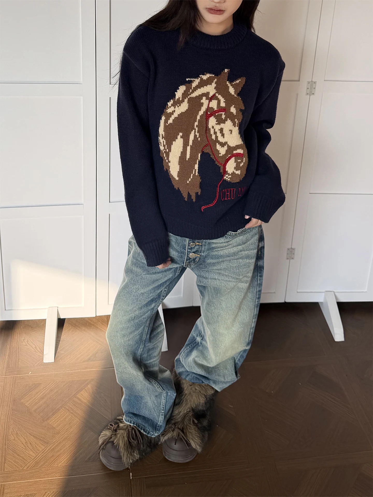 

Don Cry American Sle Loose Fit Crew Ne Knitted Sweater for Women in round Ne Long Sve Thiened Winter Faion