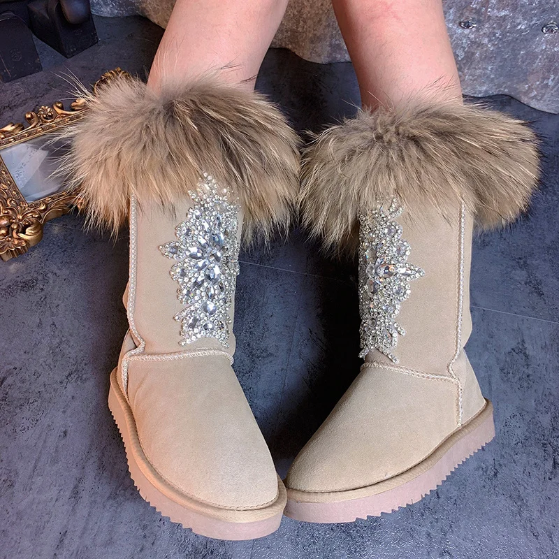 

Thick-soled waterproof table hand custom winter plus fleece warm boots Fox hair boots rhine-drill fur boots women's 35-40