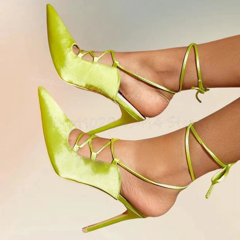 

Fluorescent Green Pointed Toe Twine Pumps Lace Up Women Shoes Thin High Heels Novel Fashion Party Feast 2024 Zapatos Para Mujere