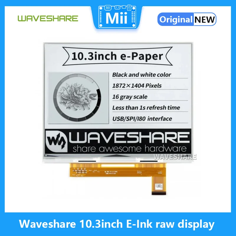 Waveshare 10.3 Inch e-Paper e-Ink Raw Display, 1872*1404, Black / White, 16 Grey Scales, Parallel Port, without PCB