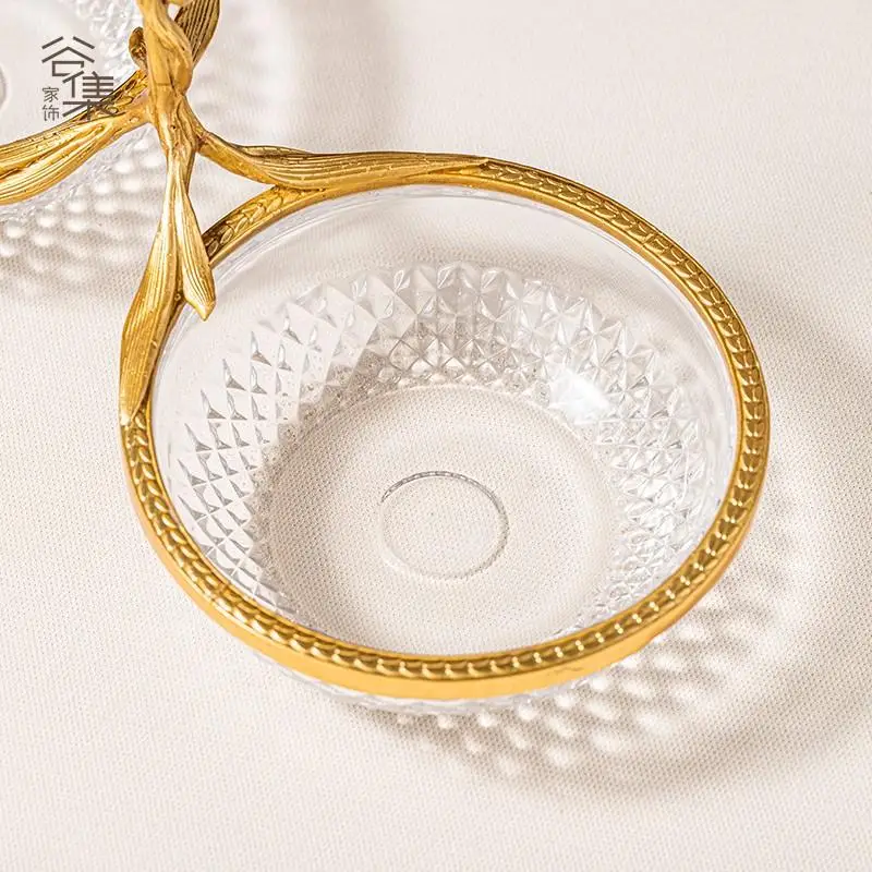 Creative crystal glass with copper double fruit bowl luxury living room villa coffee table decorative ornament with handle snack