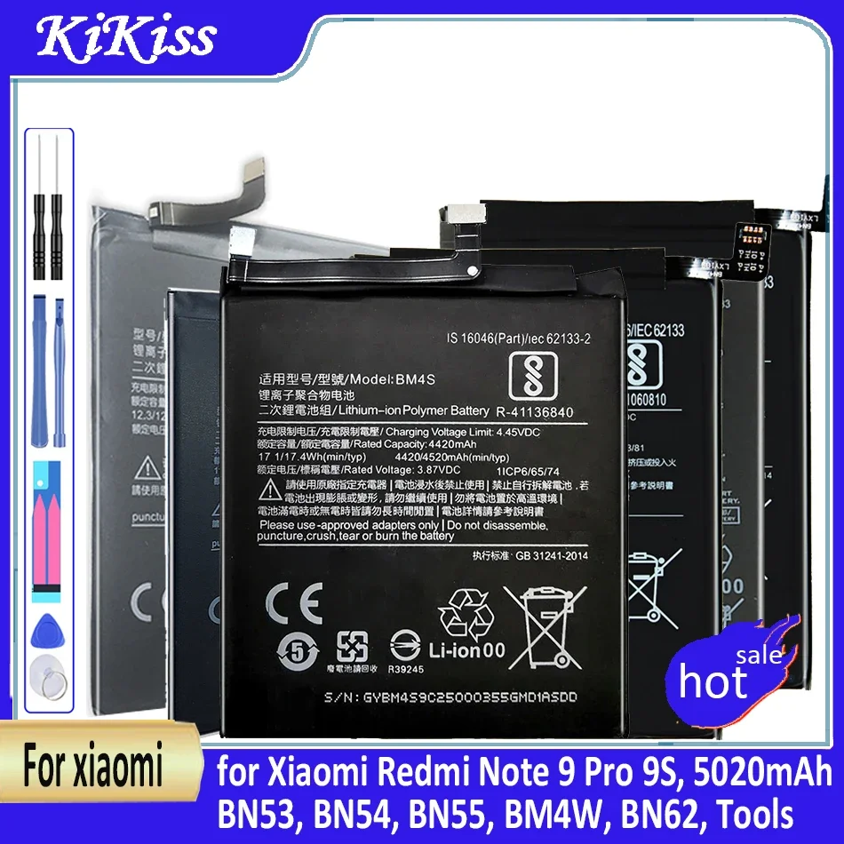 Replacement Battery for Xiaomi Redmi Note 9 Pro 9S, 5020mAh, BN53, BN54, BN55, BM4W, BN62, Tools, Batteries