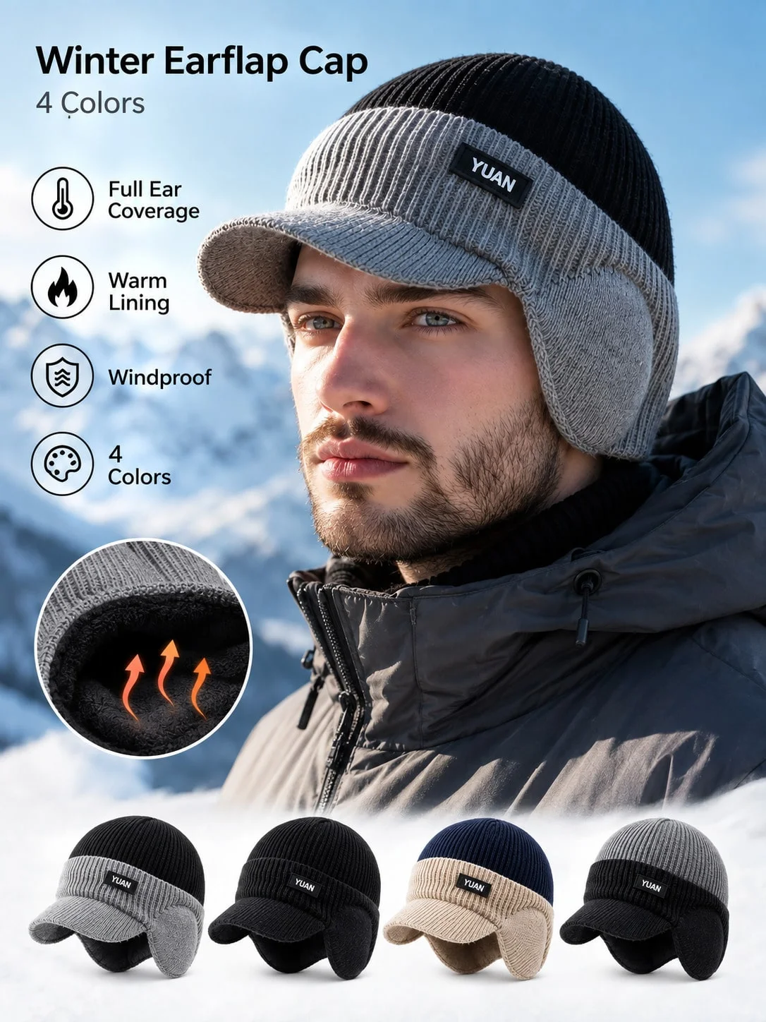 Men's Winter Earflap Cap with Visor, Warm Fleece Lined Windproof Knit Hat, Full Ear Coverage Outdoor Beanie for Hiking