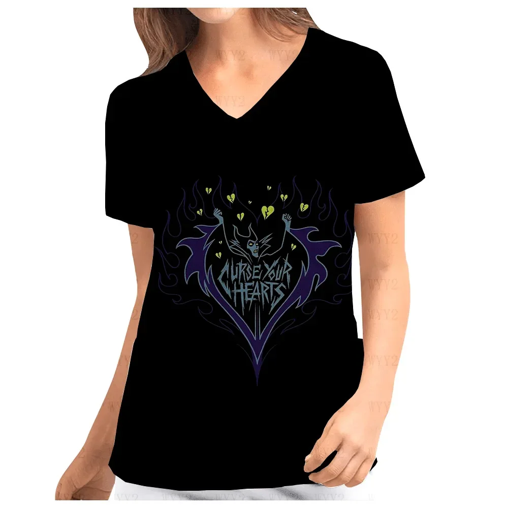جديد المرأة ممرضة موحدة جيب الأعلى الخامس الرقبة طباعة فرك الأعلى ديزني Maleficent طباعة الصيف قصيرة الأكمام المرأة العمل موحدة #3