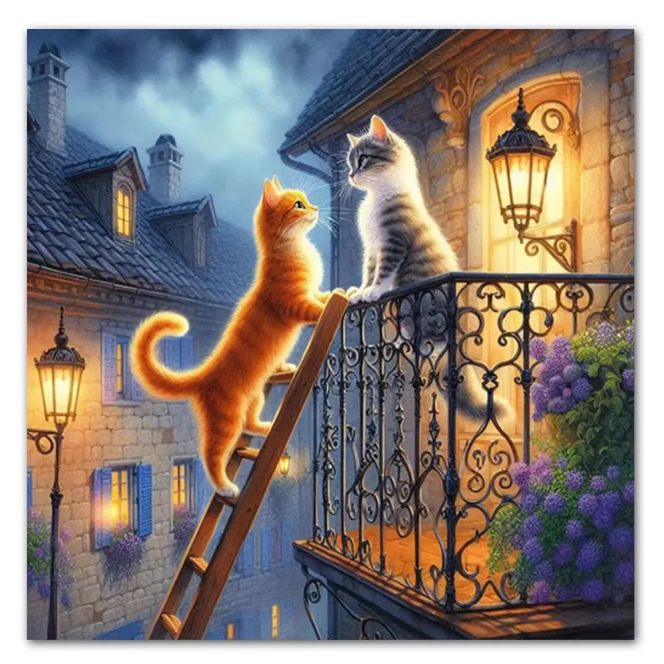DIY Cats Night Town Balcony Diamond Painting, Lovely Fairytale Illustration Art For Living Room Wall Decoration Exquisite Gift