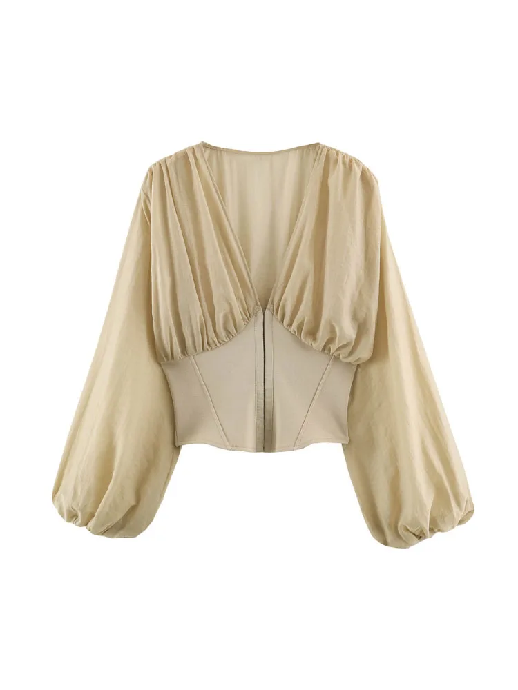 HH Women Summer Casual Beige Cropped Top Deep V Neck Puff Long Sleeves Corset Waist For Beach Vacation Holiday Party Daily Wear