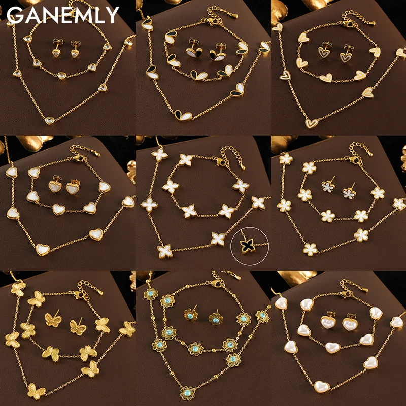 

GANEMLY 316L Stainless Steel Waterproof Necklace Bracelet Earrings Set For Women Fashion Exquisite Gold Color Jewelry Set Gift