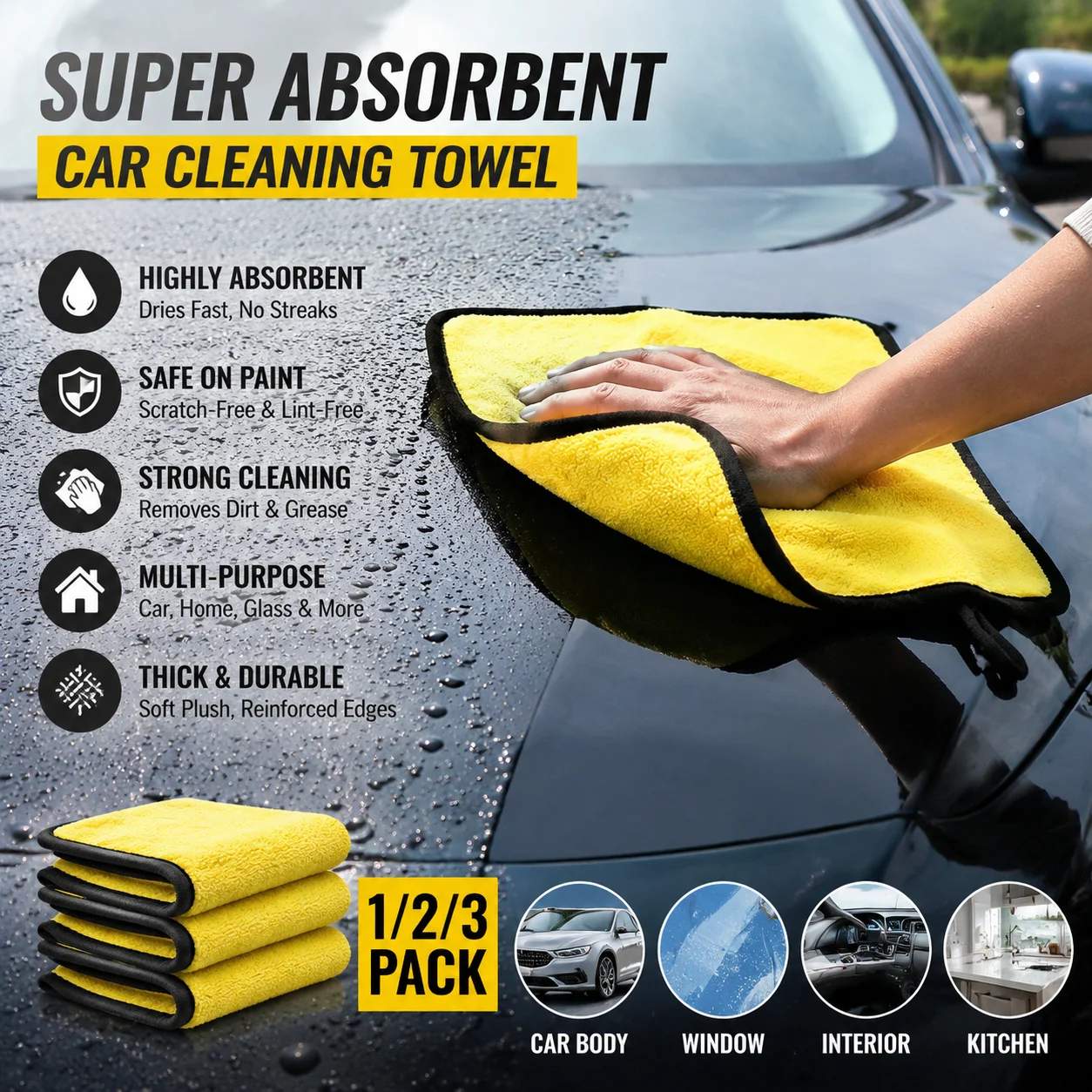 1/2/3 Pack Microfiber Car Cleaning Towel Super Absorbent Drying Cloth Scratch Free Lint Free Auto Detailing for Car Wash
