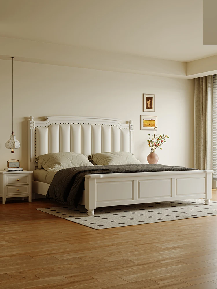 French white simple all solid wood bed 1 meter 8 double bed American leather soft bag bed Master bedroom 2 x 2 2 double beds
