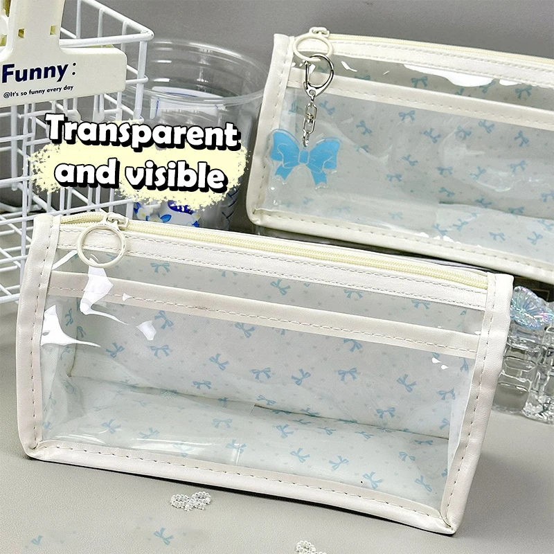 حقيبة أقلام رصاص مطبوعة على شكل فيونكة حلوة مقاومة للماء وشفافة بطبقة مزدوجة ذات سعة كبيرة حقيبة أدوات مكتبية مستلزمات مدرسية هدايا للطلاب