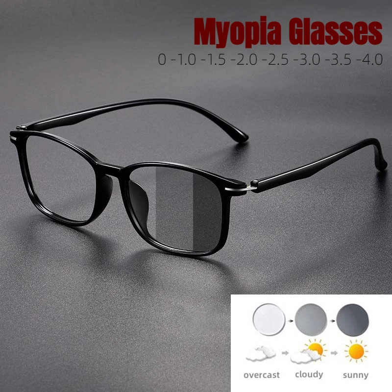 

Quality Square Frame Photochromic Myopia Glasses for Men Women Color Changing UV Protective Near Sight Eyewear Retro Eyeglasses