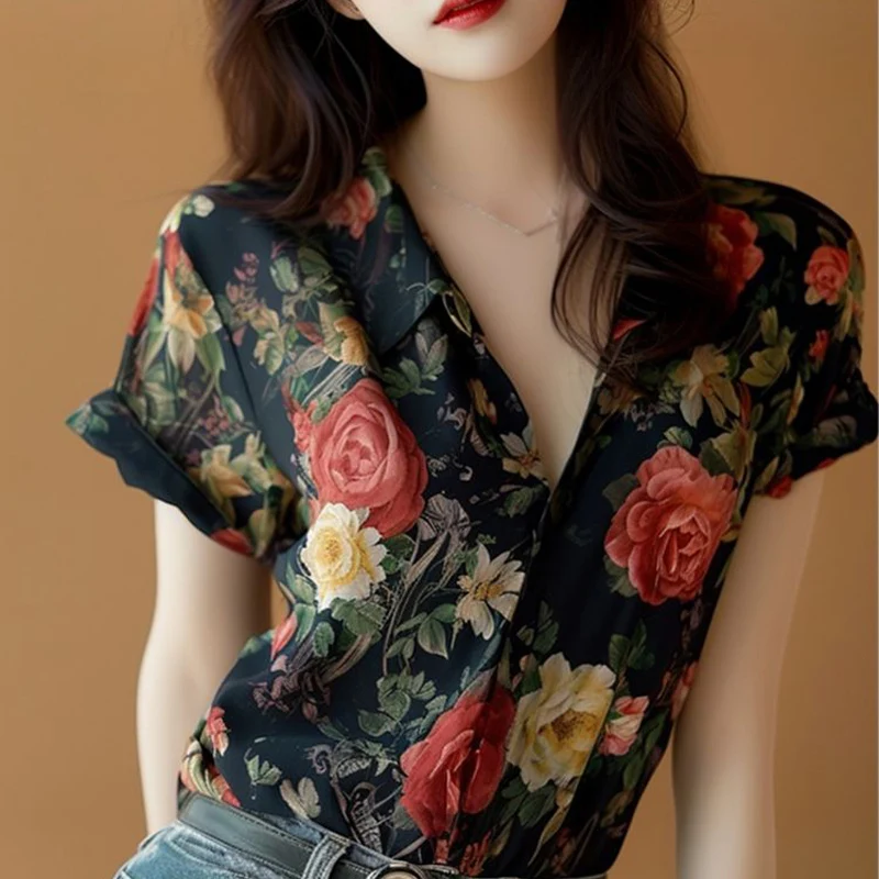 Summer New French Retro Hong Kong Style Rose Print Short Sleeved Shirt Trendy Temperament Casual Unique Comfortable Women\'s Top