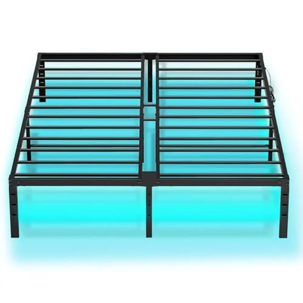 Modern LED Queen Bed Frame Charging Station USB Ports Metal Platform Heavy Duty Queen Size Storage Space Under-Bed Barrier Easy