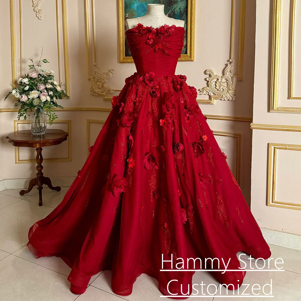 Rotes Blumen-Hochzeitskleid, maßgeschneidert, trägerlos, ärmellos, mit Perlen verziert, mit Falten, Sweep-Zug, Reißverschluss hinten, Robe De Mariee Brautkleid