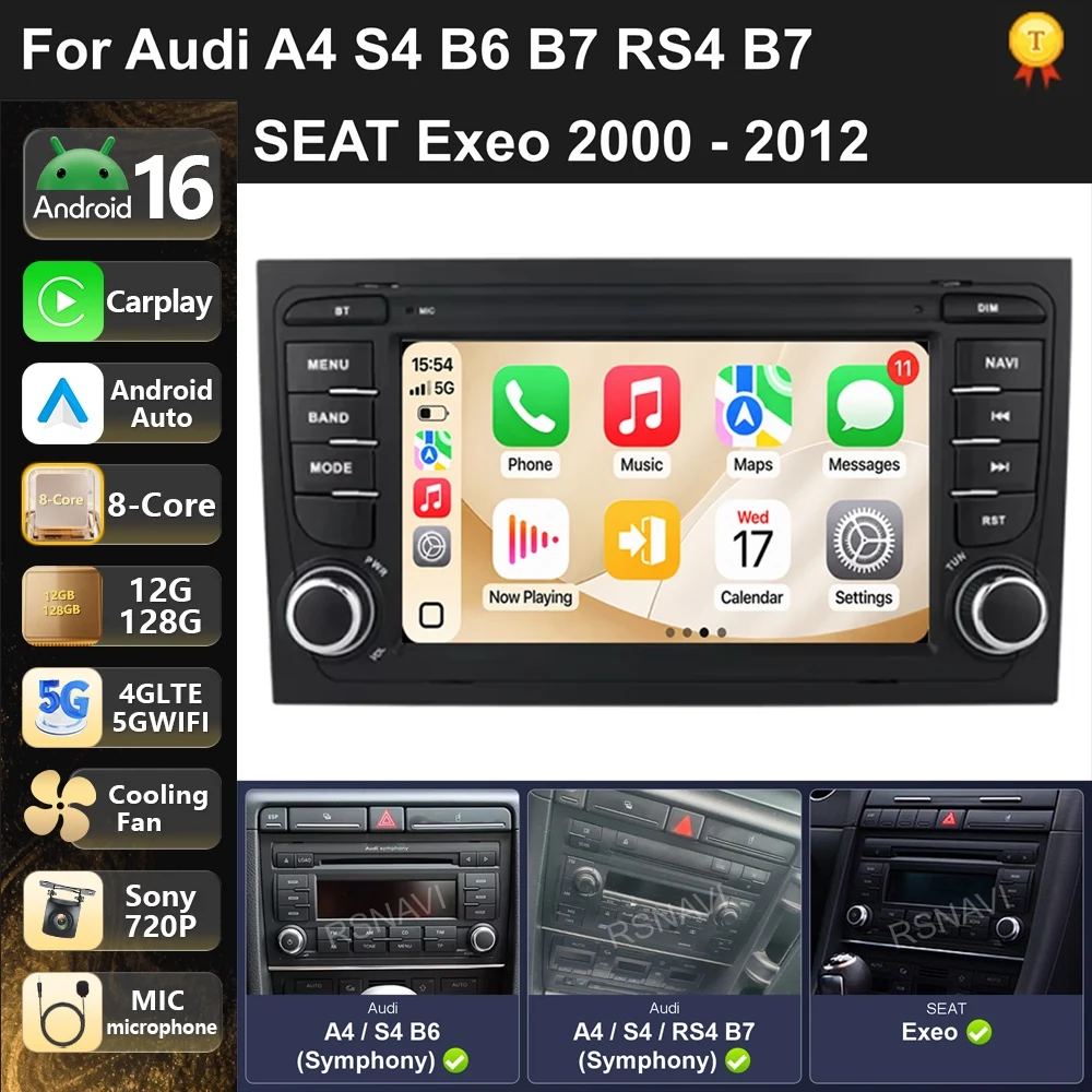 Car Radio Android 16 For Audi A4 S4 B6 B7 RS4 B7 SEAT Exeo 2000-2012 carplay auto dsp bt 4g