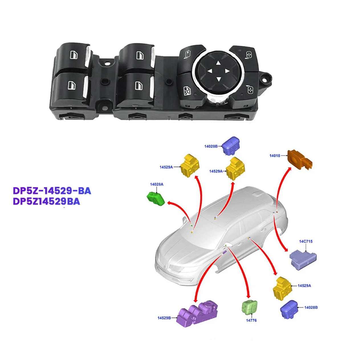 Car Master Window Switch DP5Z-14529-BA for Ford Lincoln MKC MKZ MKX 2015-2020 Power Window Lift Switch Control Button