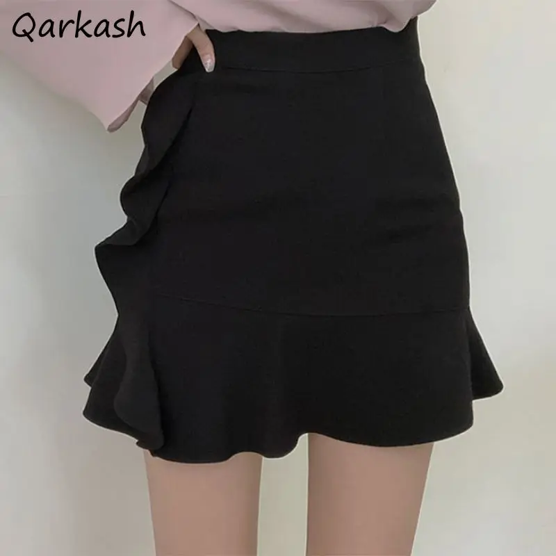 Women Mini Skirts Ruffle Wrap Hip A-line High Waist Design Slim Fit Summer Sexy Korean Style Office Lady Solid Faldas Mujer