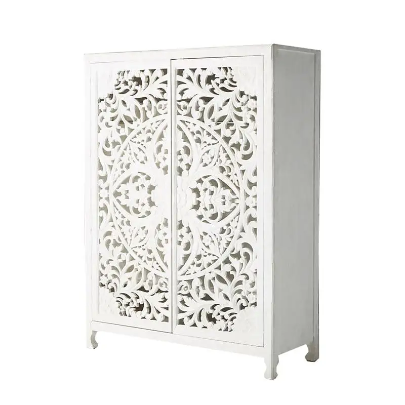 

American French retro imitation old solid wood carving flower large wardrobe hollow storage cabinet bedside