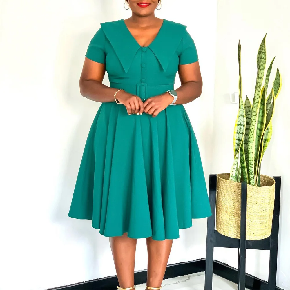 Elegant Birthday Party Dresses for Women V Neck Short Sleeve Belt Waisted  Pleated Mid Calf Luxury African Dinner Night Dress New - AliExpress  200000345