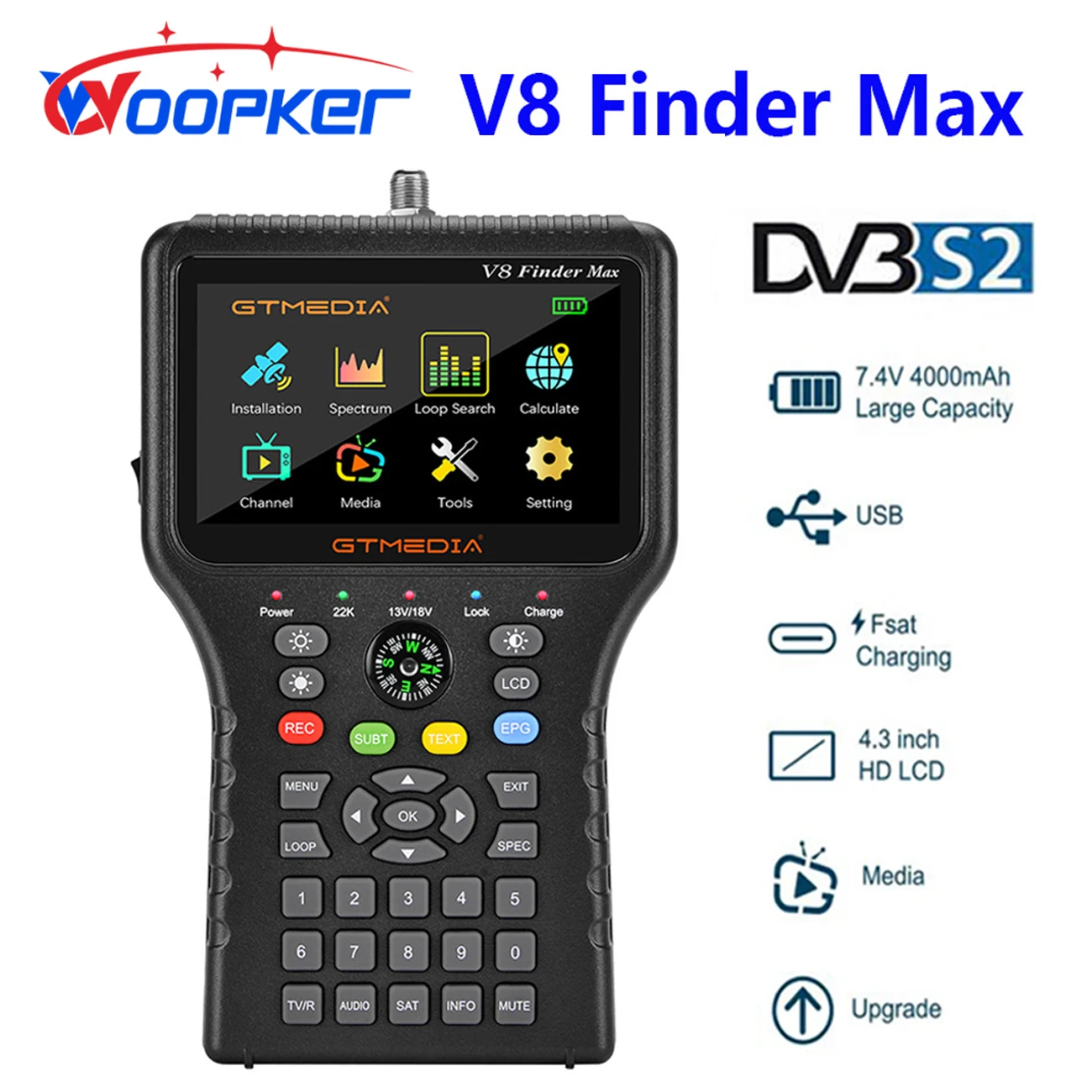 Woopker-buscador de señal satelital V8 Finder Max, localizador de 8 bits con pantalla LCD de 4,3 pulgadas, DVB-S/S2/S2x, H.265, ACM, red satelital