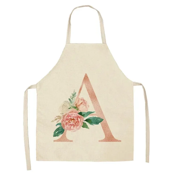 Pink Letter Flower Kitchen Aprons for Women Cotton Linen Bibs Household Cleaning Pinafore Home Cooking Apron