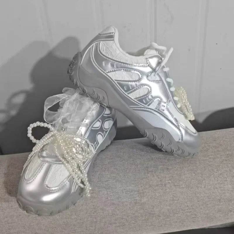 

Новинка 2025, балетки DexUn, женская обувь серебристого цвета, весна-лето, повседневная кружевная спортивная обувь