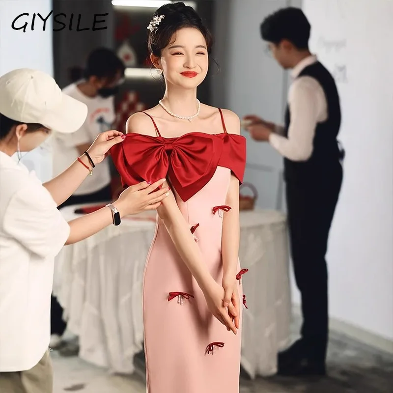 

GIYSILE 2025 New High-grade Pink Suspender Bow Summer Formal Dress Women Elegant Evening Dresses Chinese Wedding Dress Fashion