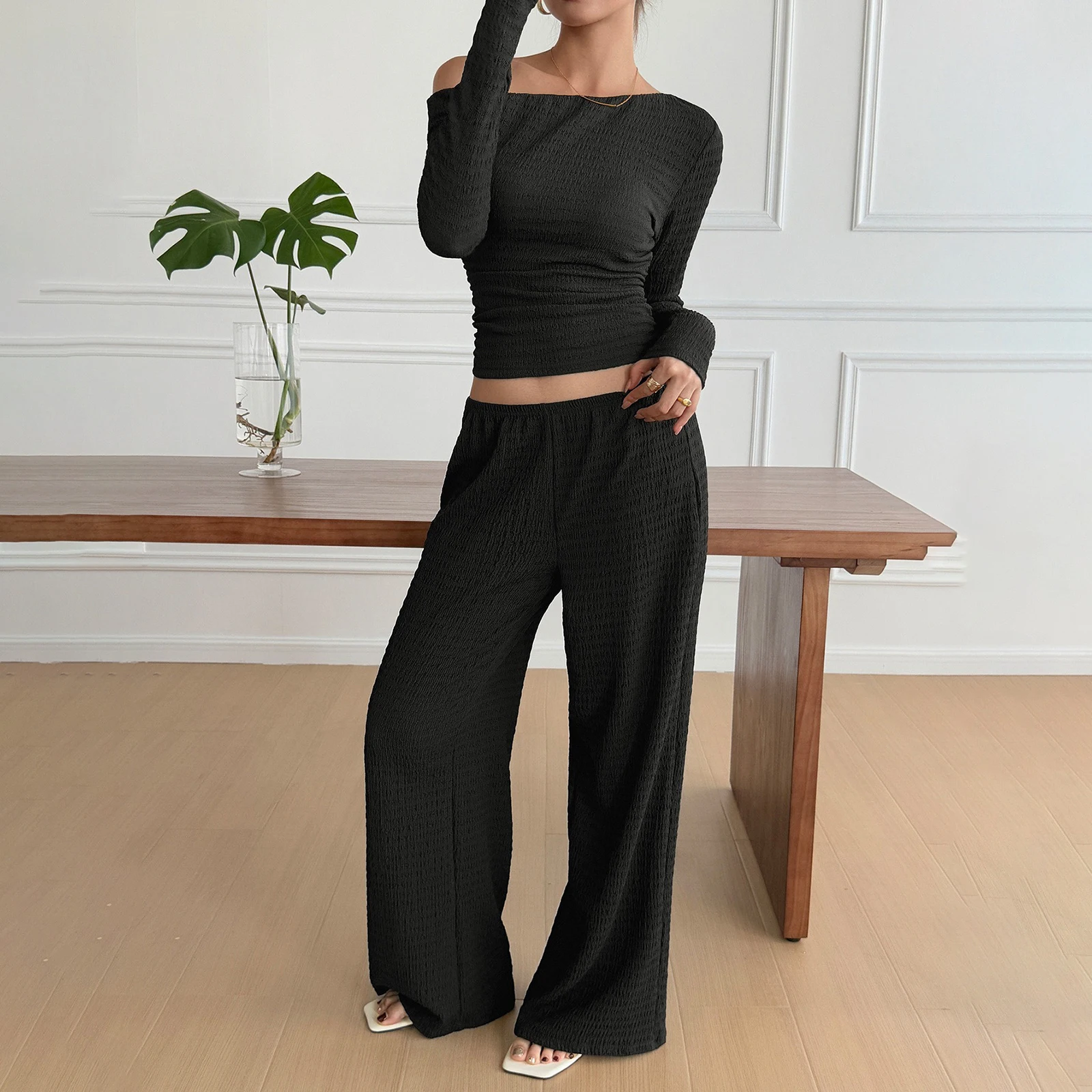 Conjunto de 2 piezas para Mujer, Tops fruncidos de manga larga con hombros descubiertos y pantalones de pierna ancha, colección Conjunto Dos Piezas para Mujer