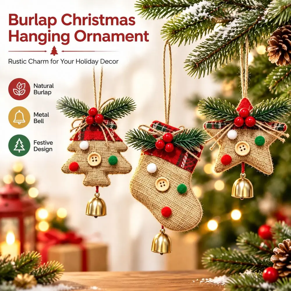 Burlap Christmas Burlap Ornament Metal Bell Pine Branch Christmas Tree Ornament Button Detail Red Berry